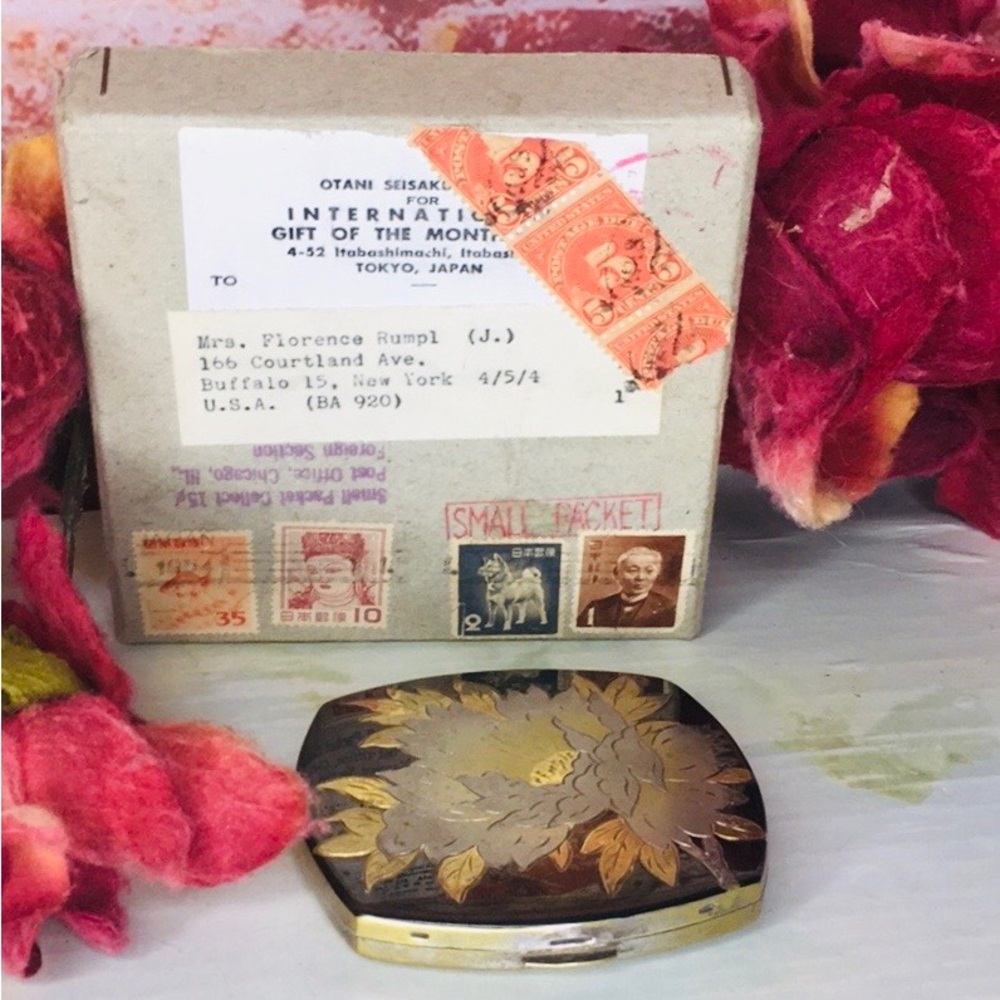 Vintage MCM Etched Made in Japan Floral Metal Compact